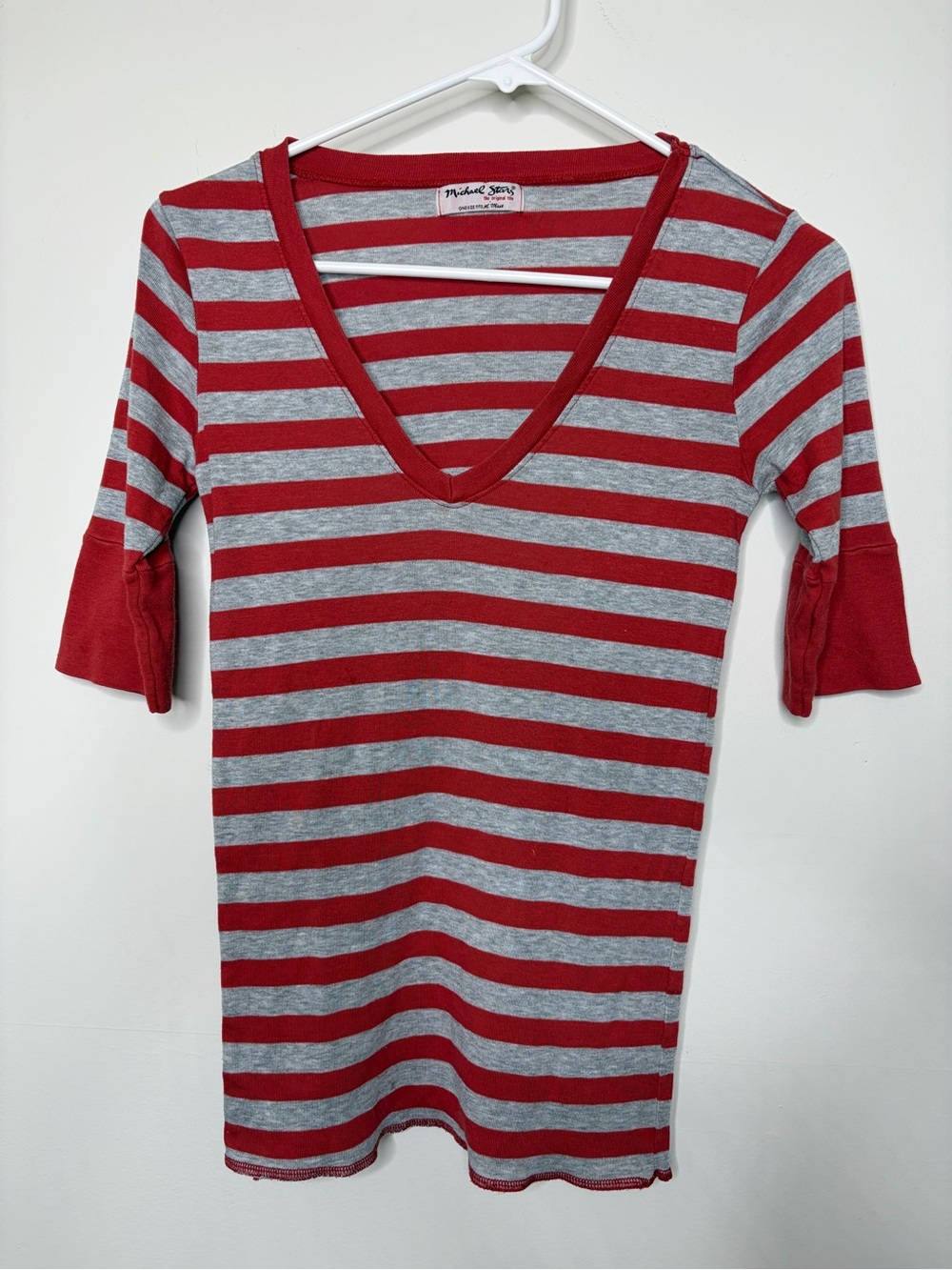 Y2K vintage Michael Stars Red & Gray Striped V-Neck Short Sleeve Top
